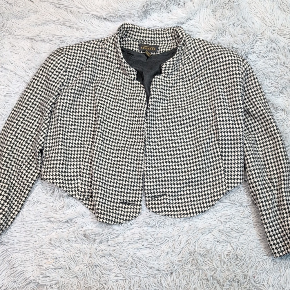Vintage Express Jacket Womens L Black White Blazer Wool Blend One Button Comfy